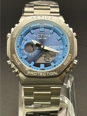 Invicta Activa Dual Time Unisex Silver Watch with Blue Dial 45.5 mm-ACWM423-004